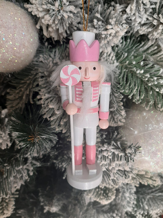 Christmas Nutcracker Ornament - Pink and White - Candy Stick