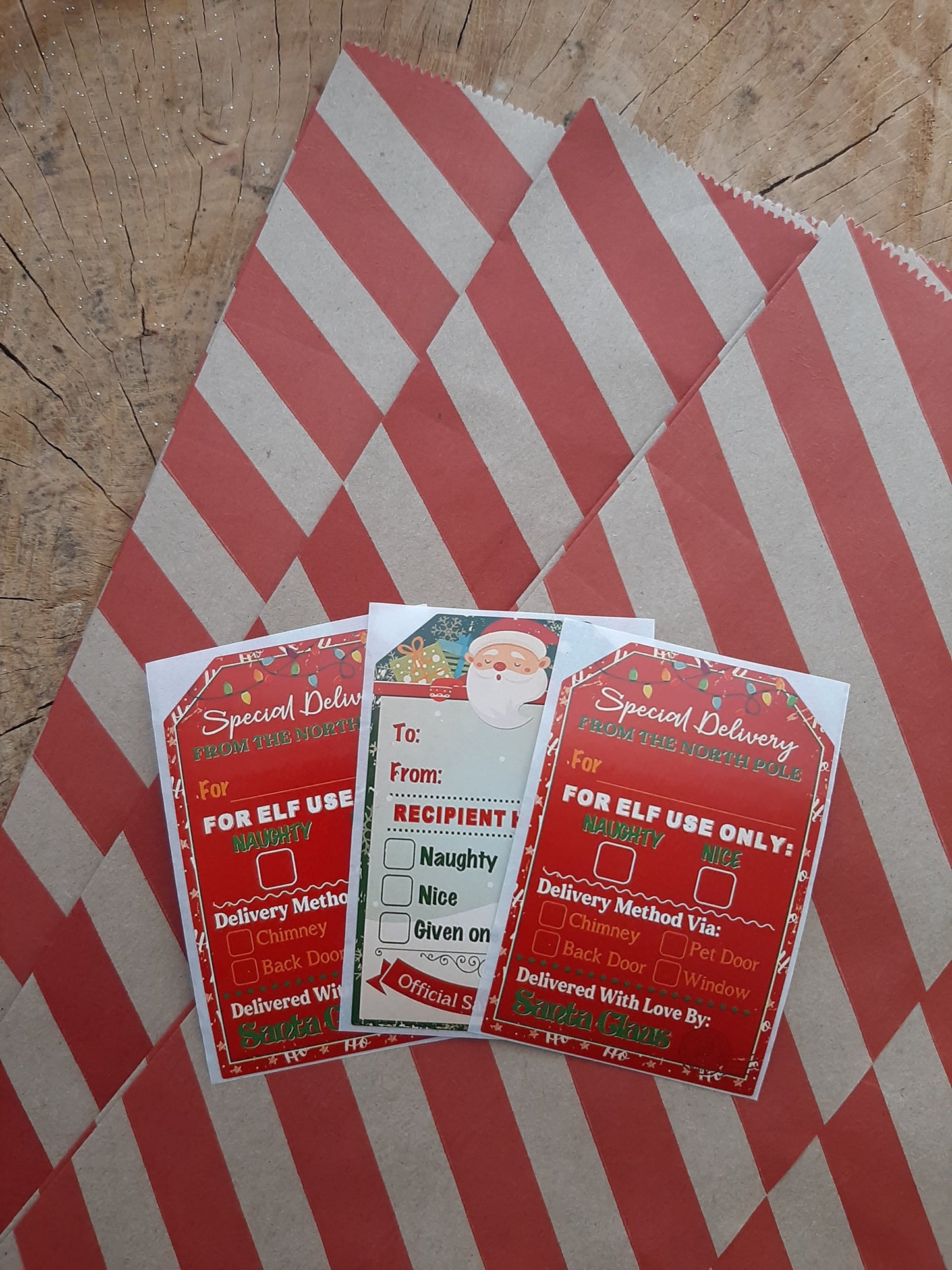 Christmas Wrapping Paper gift bag & sticker Set (4) - red and brown stipe