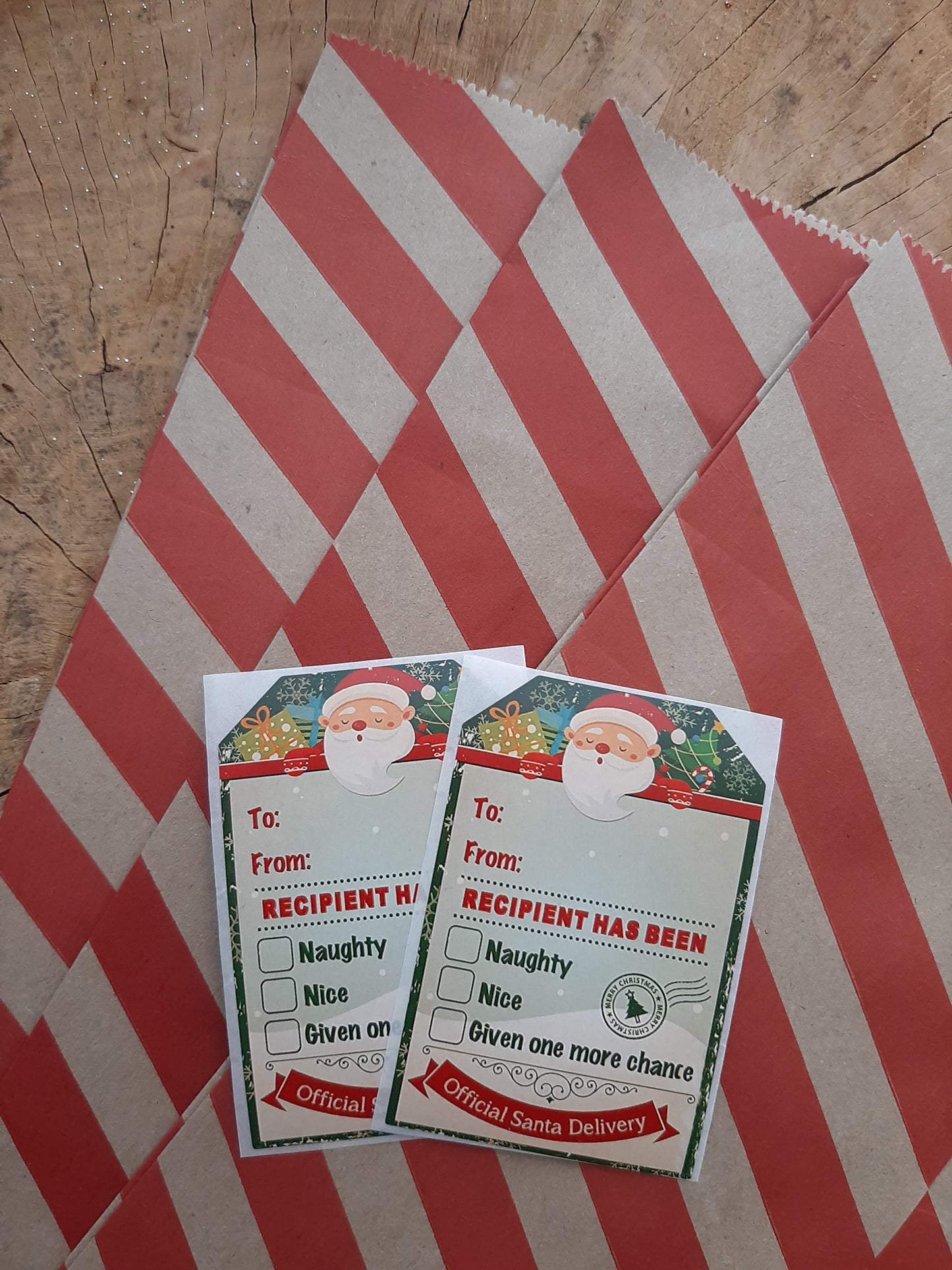 Christmas Wrapping Paper gift bag & sticker Set (4) - red and brown stipe