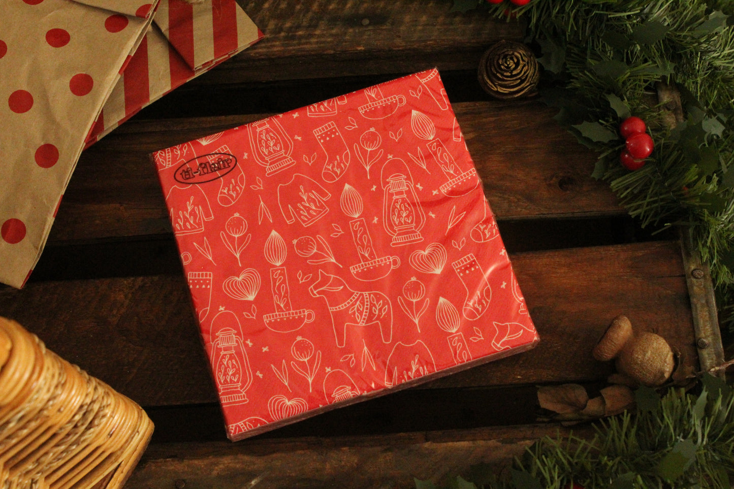 Christmas Serviettes - Red with Nordic Pattern