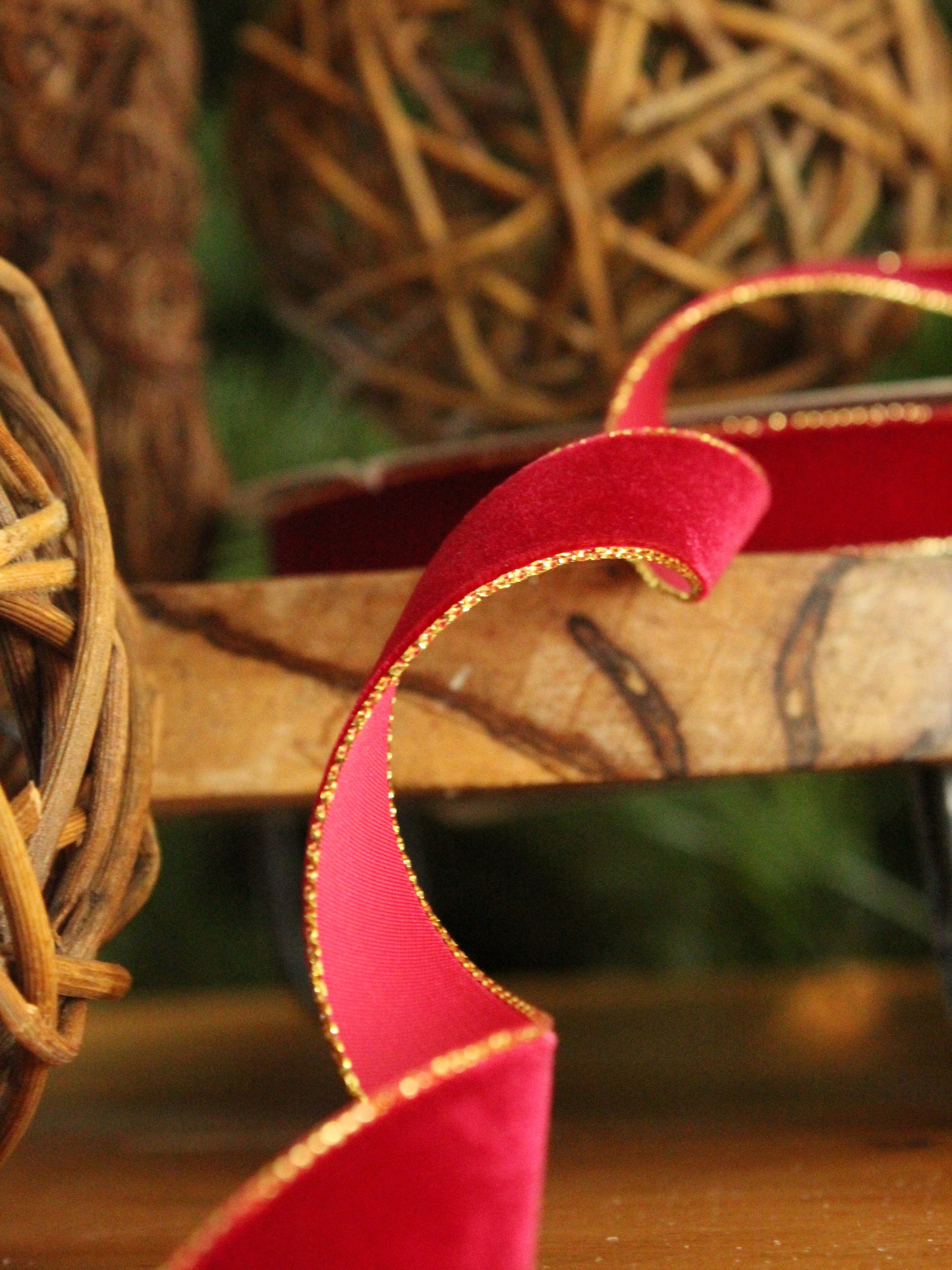 Christmas Ribbon - Red Velvet with Gold Edge - 15mm