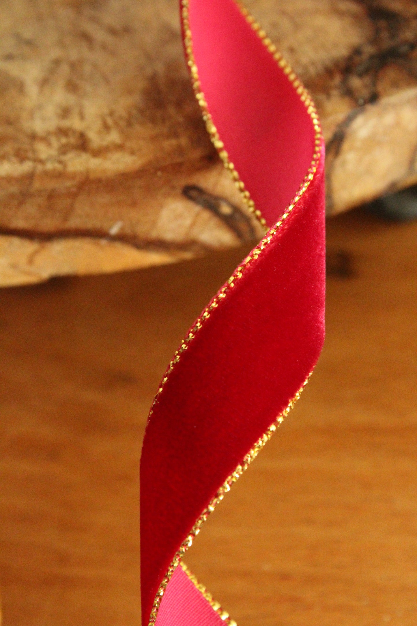 Christmas Ribbon - Red Velvet with Gold Edge - 15mm