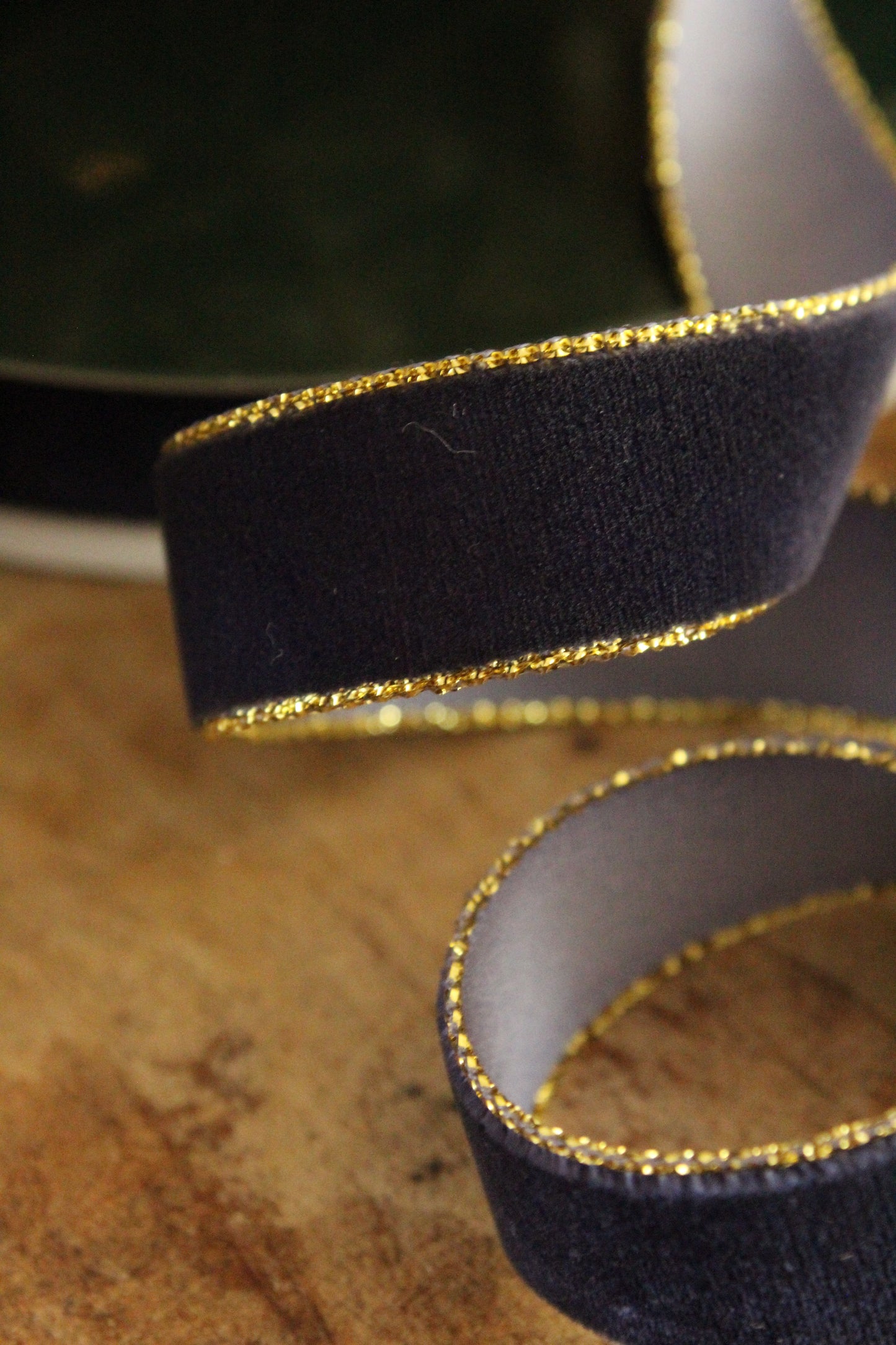 Christmas Ribbon - Blue Velvet with Gold Edge - 15mm