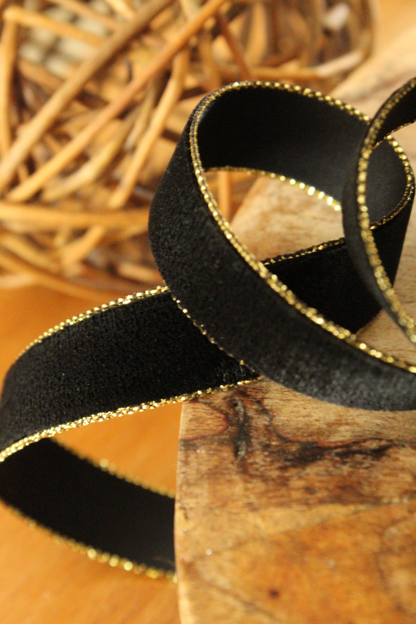 Christmas Ribbon - Black Velvet with Gold Edge - 15mm