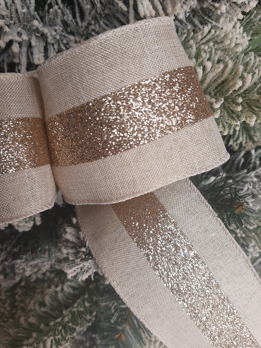 Christmas Ribbon - Cream & Gold Linen