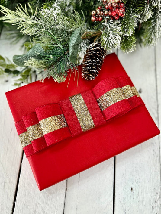 Christmas Ribbon - Red & Gold Linen