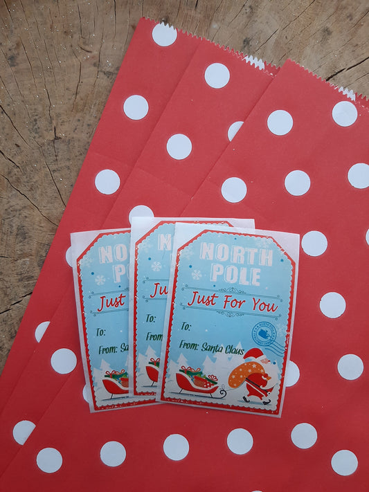 Christmas Wrapping Paper gift bag & sticker Set (4) - red and white dots