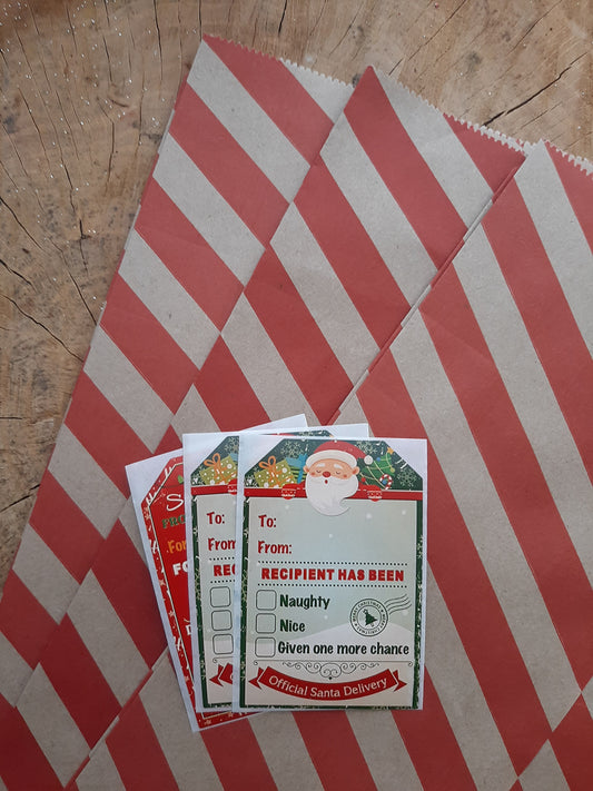 Christmas Wrapping Paper gift bag & sticker Set (4) - red and brown stipe