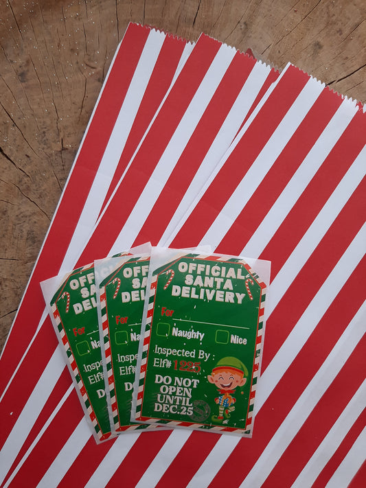 Christmas Wrapping Paper gift bag & sticker Set (4) - red and white stripes