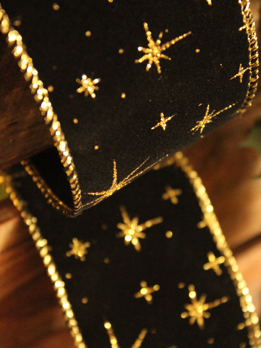 Christmas Ribbon - Black velvet & Golden stars