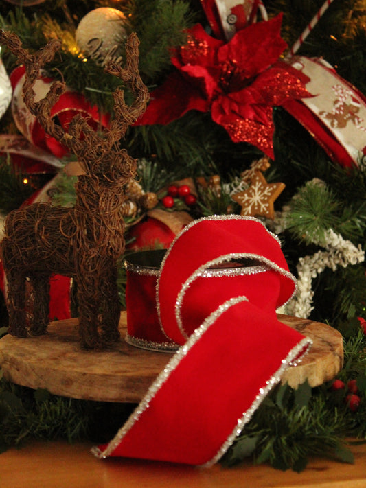 Christmas Ribbon - Velvet Red Silver Sparkle Edge