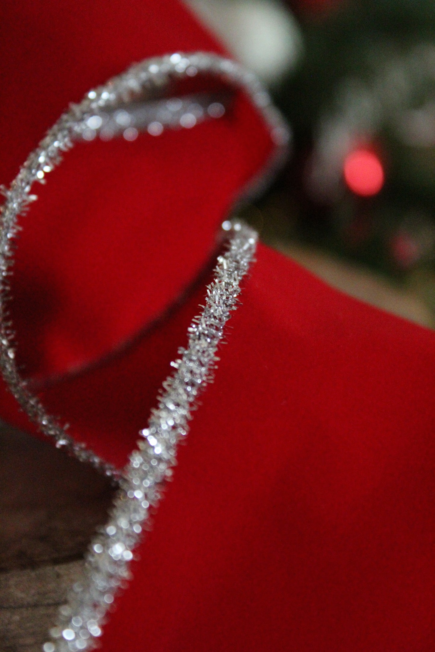 Christmas Ribbon - Velvet Red Silver Sparkle Edge