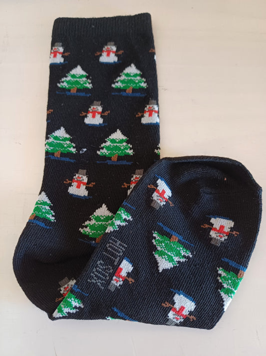 Christmas Kids Socks - Black with Snowman (28 - 30)