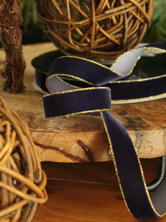 Christmas Ribbon - Blue Velvet with Gold Edge - 15mm