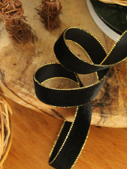 Christmas Ribbon - Black Velvet with Gold Edge - 15mm