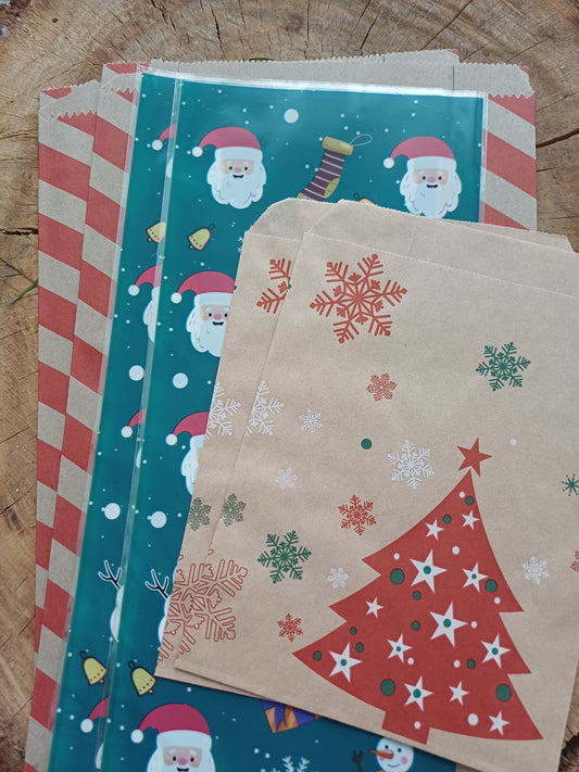 Christmas Wrapping Paper gift bag & sticker Set (6) - red and brown stipe blue