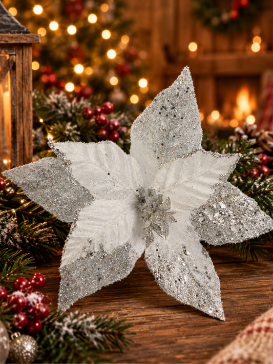 Poinsettia - Silver glitter and White 26cm