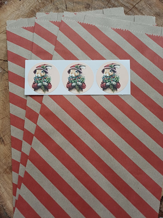 Christmas Wrapping Paper gift bag & sticker Set (3) - red and brown stipe rabbit