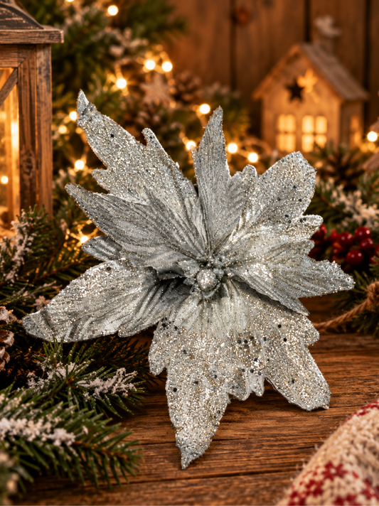 Poinsettia - Glitter and Silver 26cm