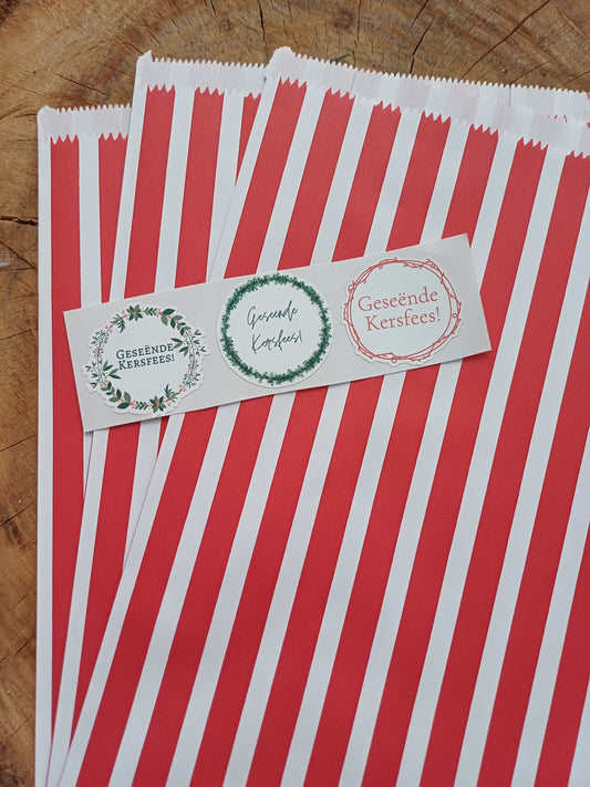 Christmas Wrapping Paper gift bag & sticker Set (3) - red and brown stipe merry