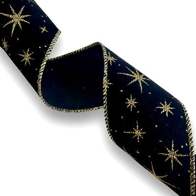 Christmas Ribbon - Black velvet & Golden stars