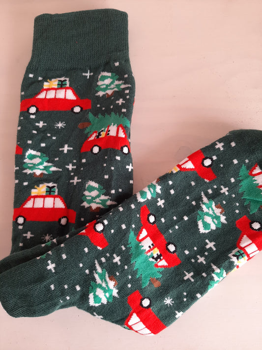 Christmas Socks - Green Red Car and Christmas tree (35 - 39)